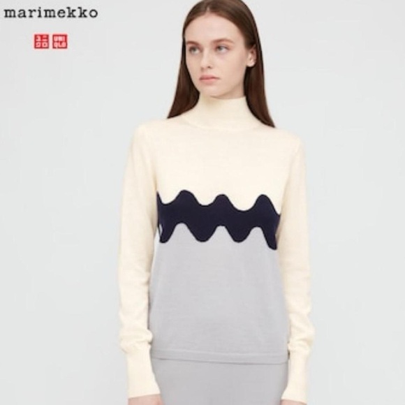 Uniqlo x Marimekko Wave Abstract Graphic Wool Long Sleeve Sweater High Neck - Picture 1 of 7